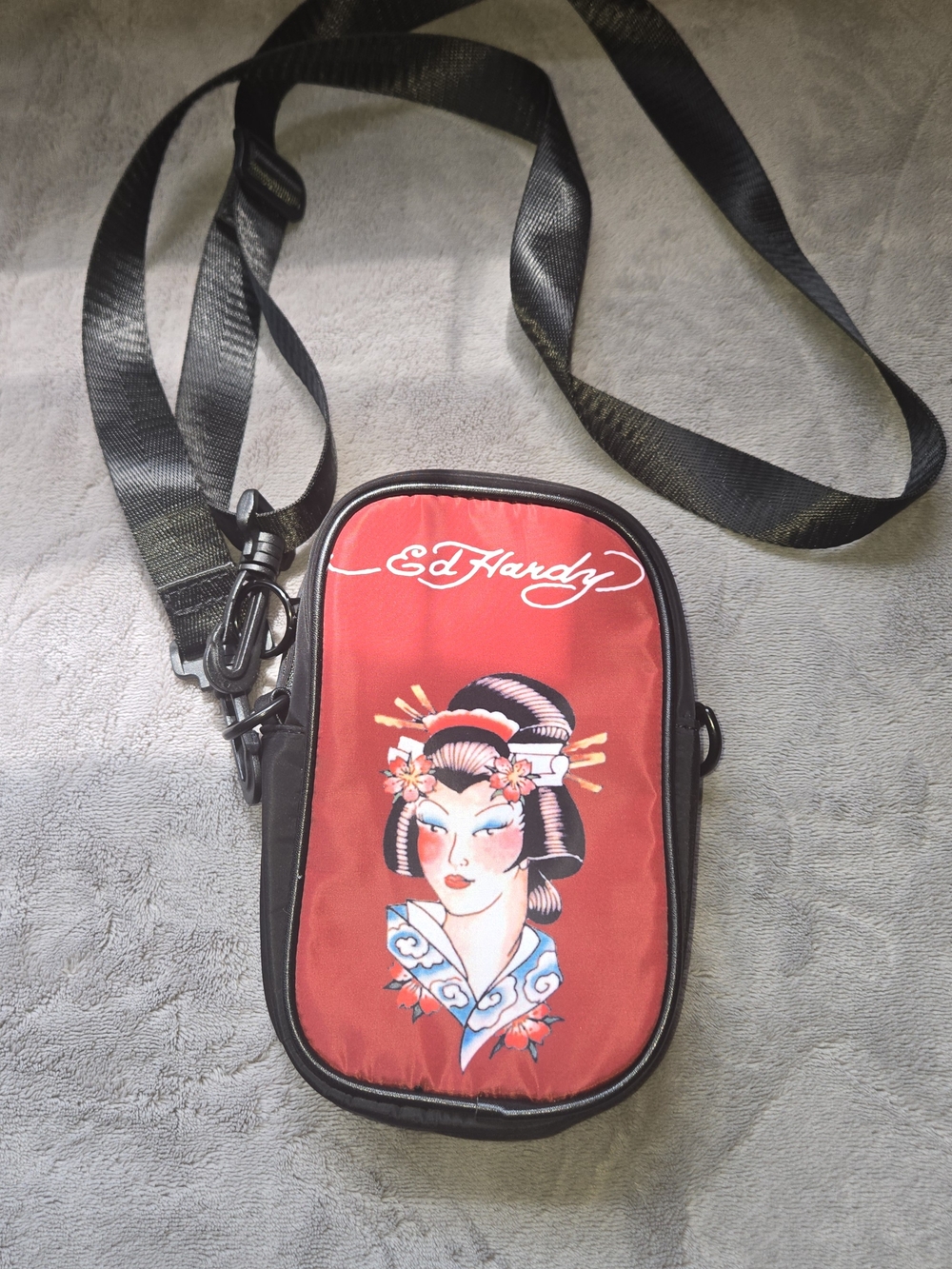 Ed Hardy Red Geisha Portrait Crossbody Bag with Black Strap
